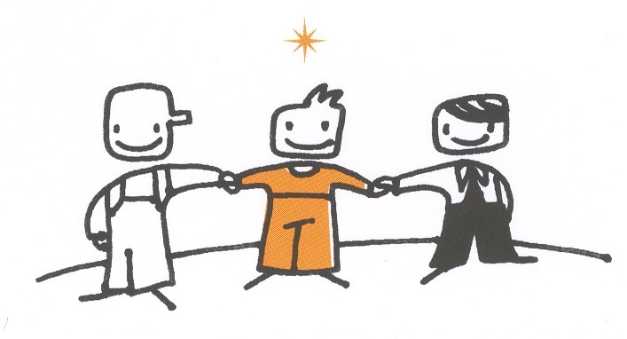 Three people holding hands: Géniop, in orange, connects the different roles within a company.
